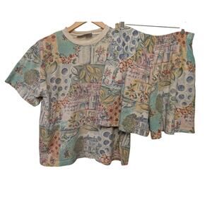 Vintage Capacity Knits Matching Set T-Shirt Shorts Retro House Print Y2K 90s